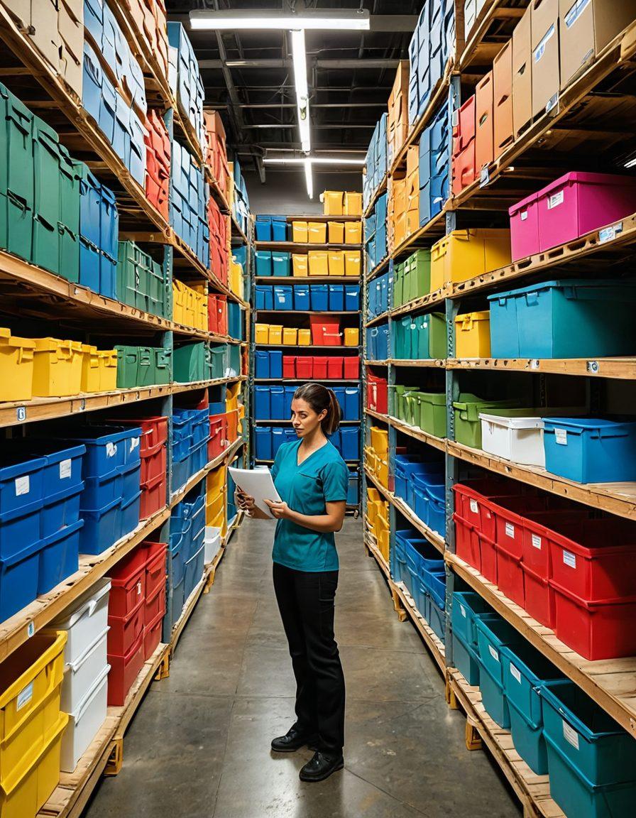A visually engaging scene showcasing an organized storage space filled with a variety of shelving units and pallet racks, meticulously arranged with colorful boxes and labeled containers. Include a person examining the organized setup with a checklist in hand, surrounded by tools and organizational materials, capturing the essence of practicality and efficiency. The atmosphere should feel modern and spacious with soft, natural lighting. super-realistic. vibrant colors.