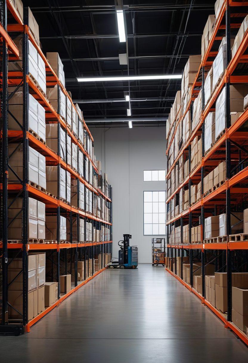 A modern, high-tech warehouse showcasing innovative custom rack designs, filled with neatly organized storage spaces, integrated lighting, and digital inventory displays. Include diverse workers efficiently navigating the space, utilizing tablets and machinery to manage inventory. Emphasize the bright, open layout with a futuristic feel, highlighting efficiency and organization. super-realistic. vibrant colors. 3D.
