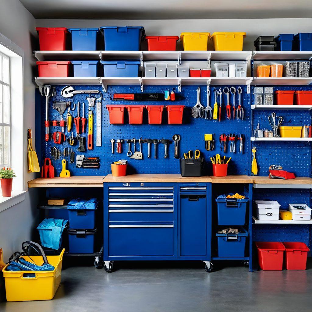 A visually striking collage of innovative heavy-duty storage solutions, featuring well-organized rack systems in a bright garage, complete with tools, boxes, and labeled bins. Include elements like a measuring tape and a blueprint to symbolize planning and efficiency. The scene should convey a sense of order and maximization of space. vibrant colors. super-realistic.